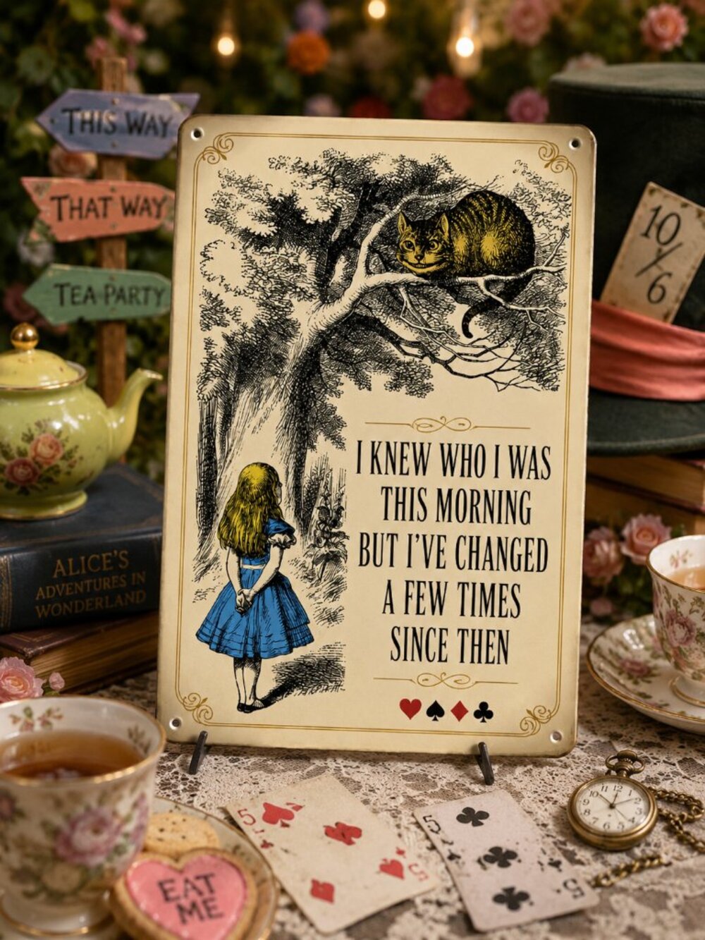 Alice in Wonderland Cheshire Cat Sign “I Knew Who I Was” Literary Quote Decor